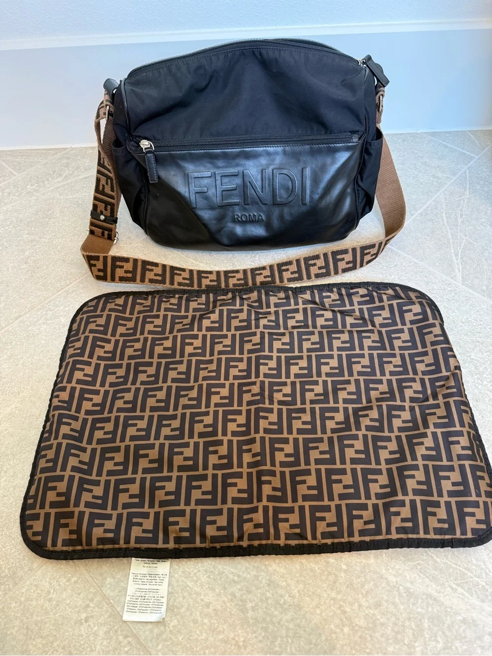 Fendi Black Leather Messenger Bag with Brown FF Jacquard Strap